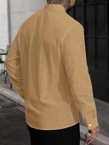 Manfinity CasualCool Men's Solid Color Stand Collar Button Front Casual Long Sleeve Shirt - Camel - View 5