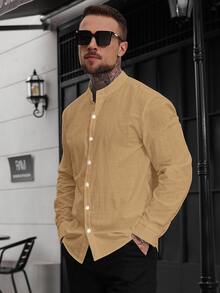 Manfinity CasualCool Men's Solid Color Stand Collar Button Front Casual Long Sleeve Shirt - Camel - View 1