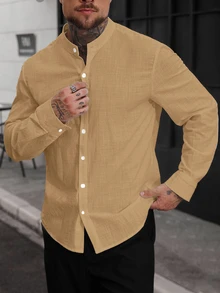 Manfinity CasualCool Men's Solid Color Stand Collar Button Front Casual Long Sleeve Shirt - Camel - View 3