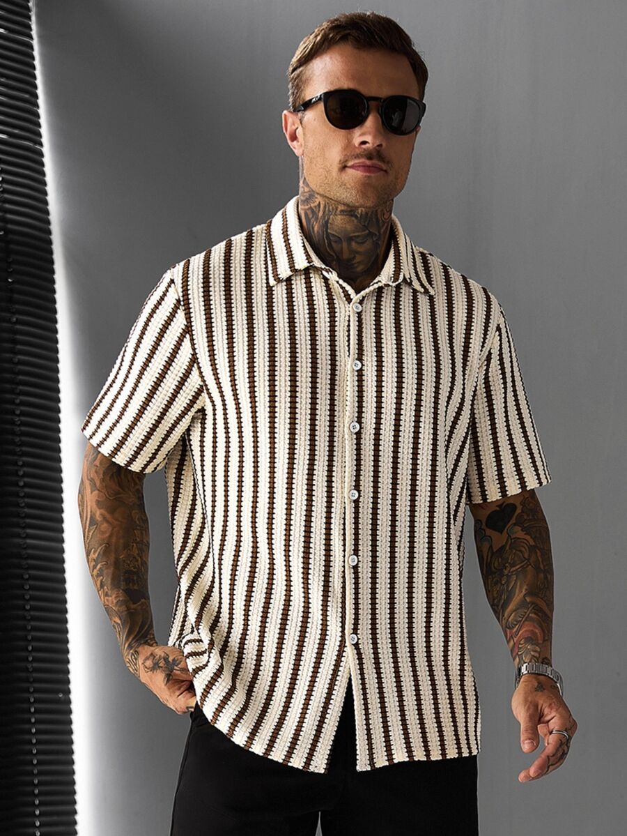 Manfinity CasualCool Men's Striped Single-Breasted Casual Versatile Daily Wear Short Sleeve Shirt - Multicolor - View 1