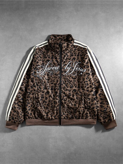 Sudadera holgada de pana con estampado de leopardo para hombre
