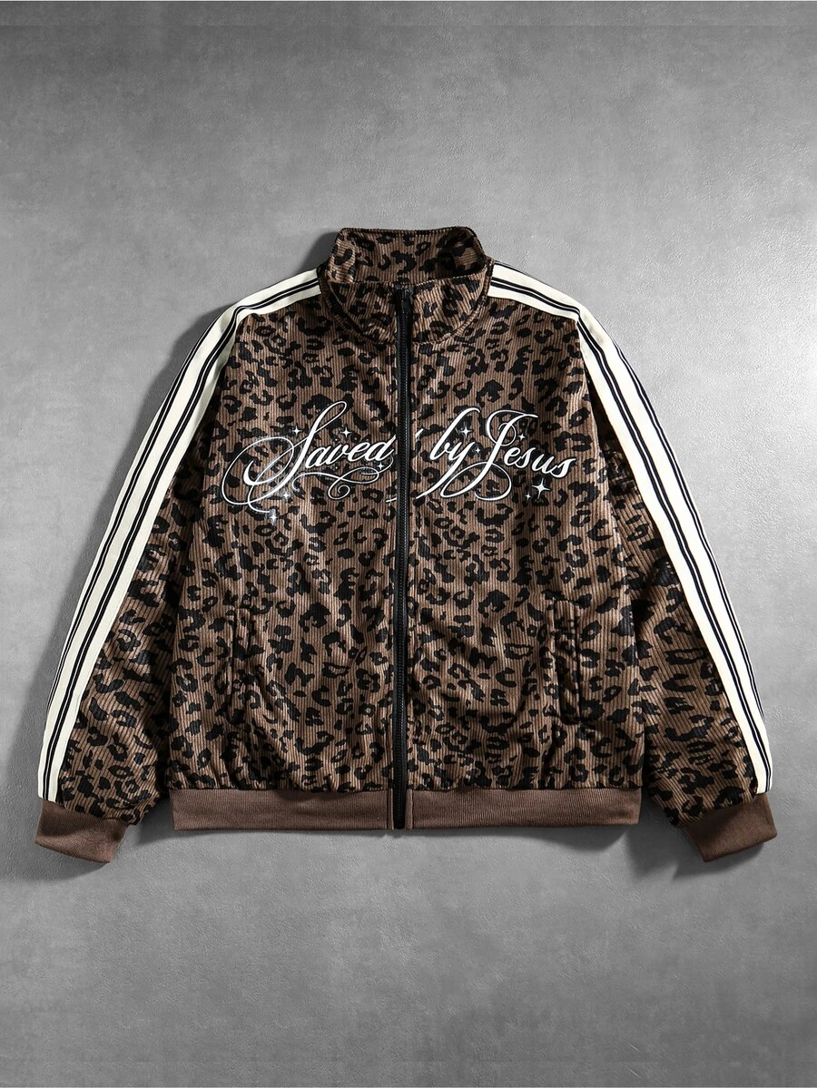 ROMWE MEN Men's Leopard Print Corduroy Loose Sweatshirt - Multicolor - View 1