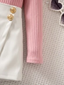 SHEIN 女童小女孩針織素色立領休閒T恤與PU皮革秋季裙 2件套 - 淺粉色 - 查看 4