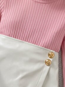 SHEIN 女童小女孩針織素色立領休閒T恤與PU皮革秋季裙 2件套 - 淺粉色 - 查看 8