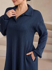 Mulvari Women's Textured Fabric Design Contrast Collar Sweatshirt Dress Brunch Navy Blue Autumn Casual Modest - Navy Blue - View 5