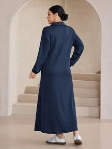 Mulvari Women's Textured Fabric Design Contrast Collar Sweatshirt Dress Brunch Navy Blue Autumn Casual Modest - Navy Blue - View 3