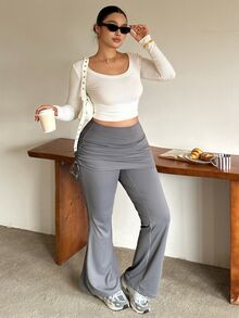 Dazy Plus Autumn Korean Style High Waist Grey Pleated Drawstring 2 In 1 Flare Leggings, Slim Fit Sport Yoga Fitness Casual Base Layer - Grey - View 4