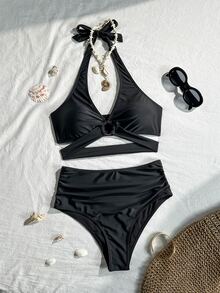 Swim Basics Summer Beach Vacation Black Halter Tie Bikini Set, Detachable Two-Piece Bikini Set For Summer Beach, Pool Party - Black - View 3