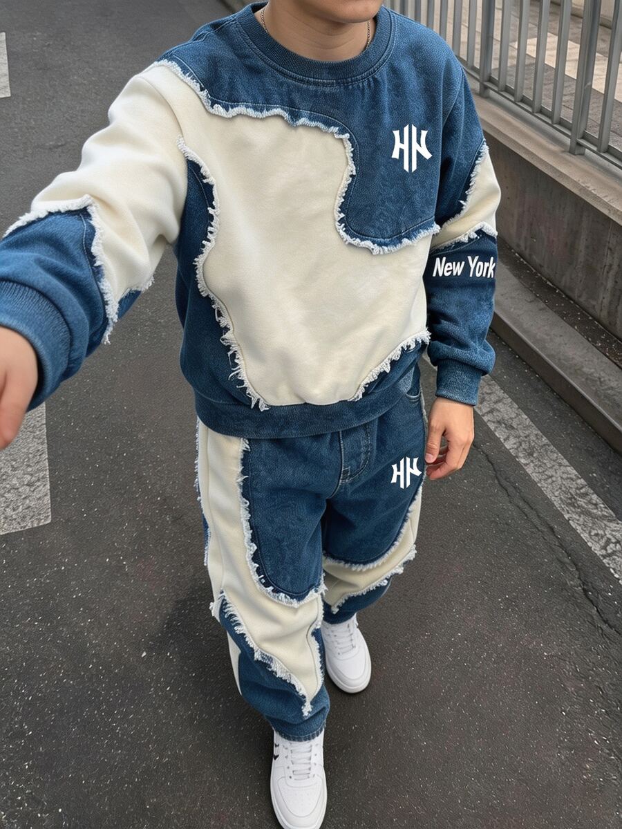 2pcs Set Teen Boy Fashionable Minimalist Comfortable Crew Neck Sweatshirt & Sweatpants Outfit, Cool Geometric Patchwork All-Over Print Design, English Letter Print, Suitable For Holiday Parties, Casual Wear, Spring/Autumn/Winter Streetwear, Outing, Back To School, Party