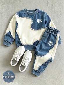 2pcs Set Teen Boy Fashionable Minimalist Comfortable Crew Neck Sweatshirt & Sweatpants Outfit, Cool Geometric Patchwork All-Over Print Design, English Letter Print, Suitable For Holiday Parties, Casual Wear, Spring/Autumn/Winter Streetwear, Outing, Back To School, Party - Multicolor - View 4