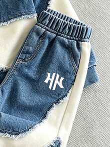 2pcs Set Teen Boy Fashionable Minimalist Comfortable Crew Neck Sweatshirt & Sweatpants Outfit, Cool Geometric Patchwork All-Over Print Design, English Letter Print, Suitable For Holiday Parties, Casual Wear, Spring/Autumn/Winter Streetwear, Outing, Back To School, Party - Multicolor - View 6