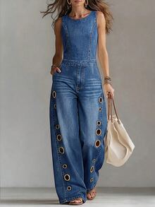 Balvessa Women's Round Neck Sleeveless Eyelet Design Wide Leg Casual Denim Jumpsuit - Blue - View 4