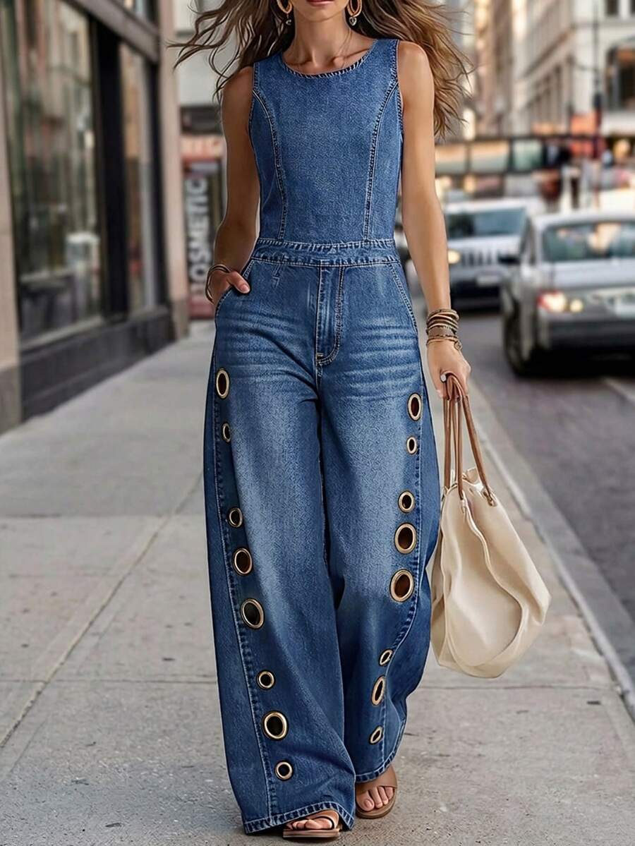 Balvessa Women's Round Neck Sleeveless Eyelet Design Wide Leg Casual Denim Jumpsuit - Blue - View 1