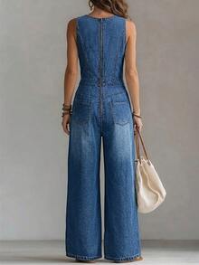 Balvessa Women's Round Neck Sleeveless Eyelet Design Wide Leg Casual Denim Jumpsuit - Blue - View 2