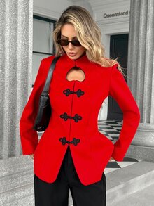 Pariaura European And American Fashion Elegant Stand Collar Frog Button Heart Hollow Waist-Cinching Slimming Overcoat - Red - View 5