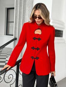 Pariaura European And American Fashion Elegant Stand Collar Frog Button Heart Hollow Waist-Cinching Slimming Overcoat - Red - View 3