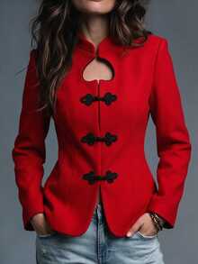 Pariaura European And American Fashion Elegant Stand Collar Frog Button Heart Hollow Waist-Cinching Slimming Overcoat - Red - View 6