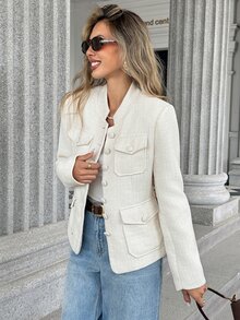 Trelyra Jaket Kantor Elegan, Nyaman, Mewah, Bergaya Prancis, Cocok untuk Komuter, Serbaguna, Kasual, Ramping, Pas Badan, Warna Putih Gading, Musim Gugur - Putih - View 4