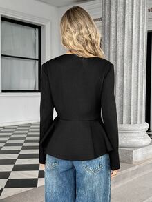 Trelyra European & American Style Autumn/Winter New Fashion Versatile Asymmetric Metal Buckle Decor Cinched Waist Ruffle Hem Elegant Commute Design Blazer - Black - View 3