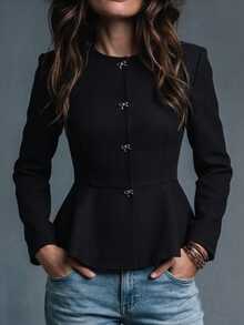 Trelyra European & American Style Autumn/Winter New Fashion Versatile Asymmetric Metal Buckle Decor Cinched Waist Ruffle Hem Elegant Commute Design Blazer - Black - View 1