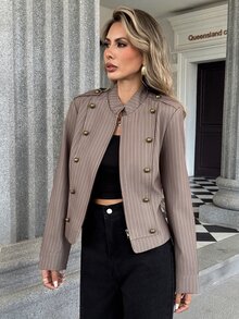 Trelyra Jaket Pendek Kerah Tegak Bergaris Cokelat Kopi Maillard untuk Wanita, Model Vintage dengan Kancing Logam di Bahu dan Desain Epaulette, Blazer Pendek Pas Badan, Atasan Serbaguna untuk Beraktivitas di Luar Rumah - Coffee Brown - View 5