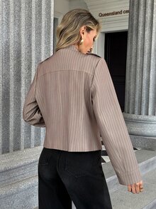 Trelyra Jaket Pendek Kerah Tegak Bergaris Cokelat Kopi Maillard untuk Wanita, Model Vintage dengan Kancing Logam di Bahu dan Desain Epaulette, Blazer Pendek Pas Badan, Atasan Serbaguna untuk Beraktivitas di Luar Rumah - Coffee Brown - View 3