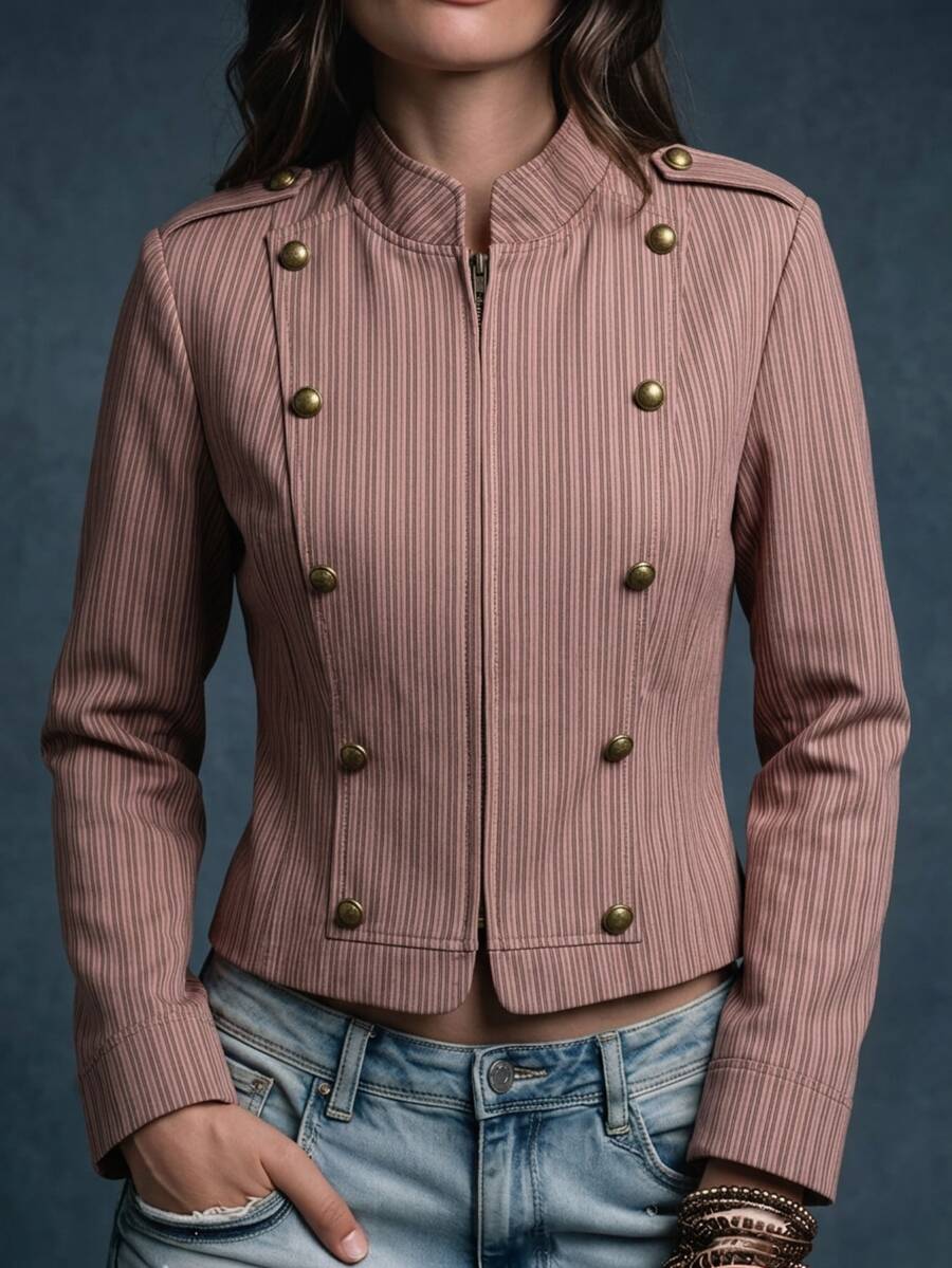 Trelyra Jaket Pendek Kerah Tegak Bergaris Cokelat Kopi Maillard untuk Wanita, Model Vintage dengan Kancing Logam di Bahu dan Desain Epaulette, Blazer Pendek Pas Badan, Atasan Serbaguna untuk Beraktivitas di Luar Rumah - Coffee Brown - View 1
