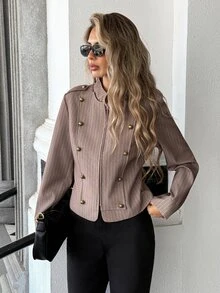 Trelyra Jaket Pendek Kerah Tegak Bergaris Cokelat Kopi Maillard untuk Wanita, Model Vintage dengan Kancing Logam di Bahu dan Desain Epaulette, Blazer Pendek Pas Badan, Atasan Serbaguna untuk Beraktivitas di Luar Rumah - Coffee Brown - View 6