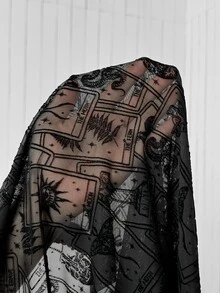 SHEIN EZwear EZwear 大尺碼女款網布休閒百搭緊身萬聖節印花內搭褲 - 黑色 - 查看 7