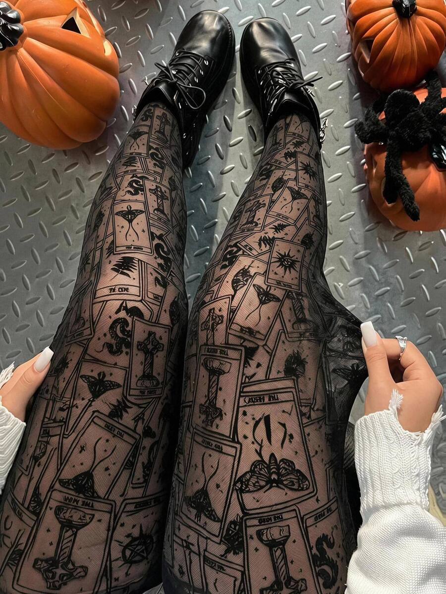 SHEIN EZwear EZwear 大尺碼女款網布休閒百搭緊身萬聖節印花內搭褲 - 黑色 - 查看 1