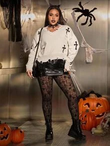 SHEIN EZwear EZwear 大尺碼女款網布休閒百搭緊身萬聖節印花內搭褲 - 黑色 - 查看 3