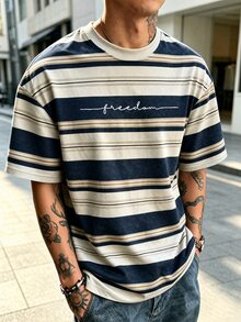 Resyla Men 男士條紋拼色圓領短袖T恤，適合日常穿著 - 白色 - 查看 3