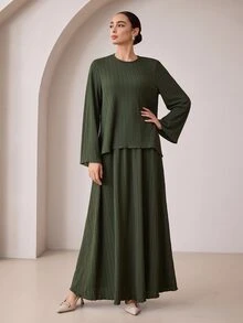Graceveil Set Kasual Atasan Lengan Lebar Bertekstur Hijau Tua Musim Gugur/Dingin - Dark Green - View 3