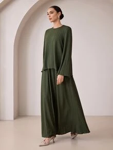 Graceveil Set Kasual Atasan Lengan Lebar Bertekstur Hijau Tua Musim Gugur/Dingin - Dark Green - View 5