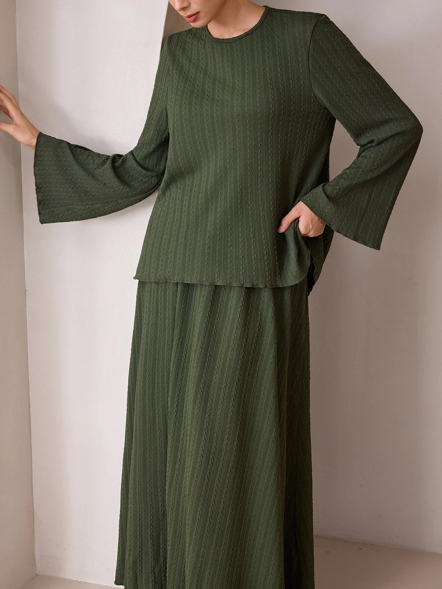 Graceveil Set Kasual Atasan Lengan Lebar Bertekstur Hijau Tua Musim Gugur/Dingin - Dark Green - View 1