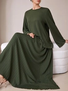 Graceveil Set Kasual Atasan Lengan Lebar Bertekstur Hijau Tua Musim Gugur/Dingin - Dark Green - View 6