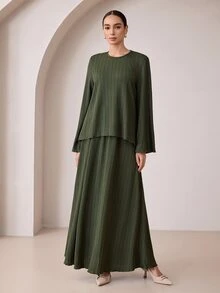 Graceveil Set Kasual Atasan Lengan Lebar Bertekstur Hijau Tua Musim Gugur/Dingin - Dark Green - View 4