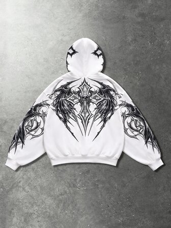 Men's Dark Cross & Skull Black And White Pattern Pullover Sweatshirt, Autumn Streetwear Casual Long Sleeve Pullover Sweatshirt, Street Sports Dark Style, Halloween