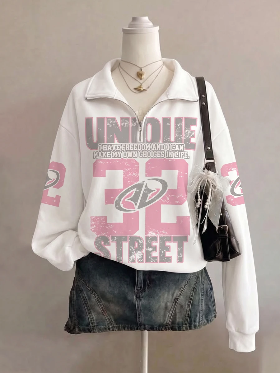 SHEIN Sparklyn Tween Girl Fleece Fall Clothes Fall Letter Print Zipper Half-Placket Long Sleeve Sweatshirt, Holiday Outfits - White - View 1