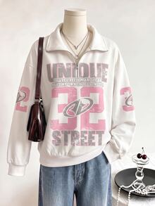 SHEIN Sparklyn Tween Girl Fleece Fall Clothes Fall Letter Print Zipper Half-Placket Long Sleeve Sweatshirt, Holiday Outfits - White - View 3