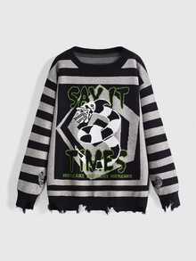 Beetlejuice X ROMWE IP Collaboration Horror Movie Graphic Distressed Design Long Loose Comfortable Plus Size Pullover Sweater Halloween - Black - View 12