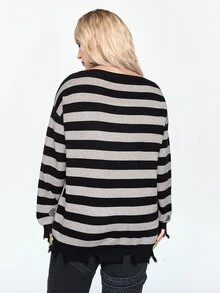 Beetlejuice X ROMWE IP Collaboration Horror Movie Graphic Distressed Design Long Loose Comfortable Plus Size Pullover Sweater Halloween - Black - View 4