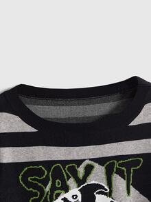 Beetlejuice X ROMWE IP Collaboration Horror Movie Graphic Distressed Design Long Loose Comfortable Plus Size Pullover Sweater Halloween - Black - View 5