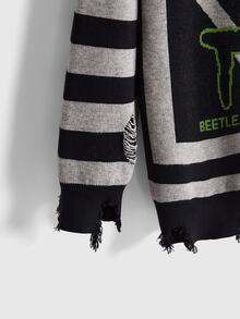 Beetlejuice X ROMWE IP Collaboration Horror Movie Graphic Distressed Design Long Loose Comfortable Plus Size Pullover Sweater Halloween - Black - View 9