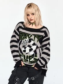 Beetlejuice X ROMWE IP Collaboration Horror Movie Graphic Distressed Design Long Loose Comfortable Plus Size Pullover Sweater Halloween - Black - View 8