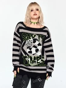 Beetlejuice X ROMWE IP Collaboration Horror Movie Graphic Distressed Design Long Loose Comfortable Plus Size Pullover Sweater Halloween - Black - View 3
