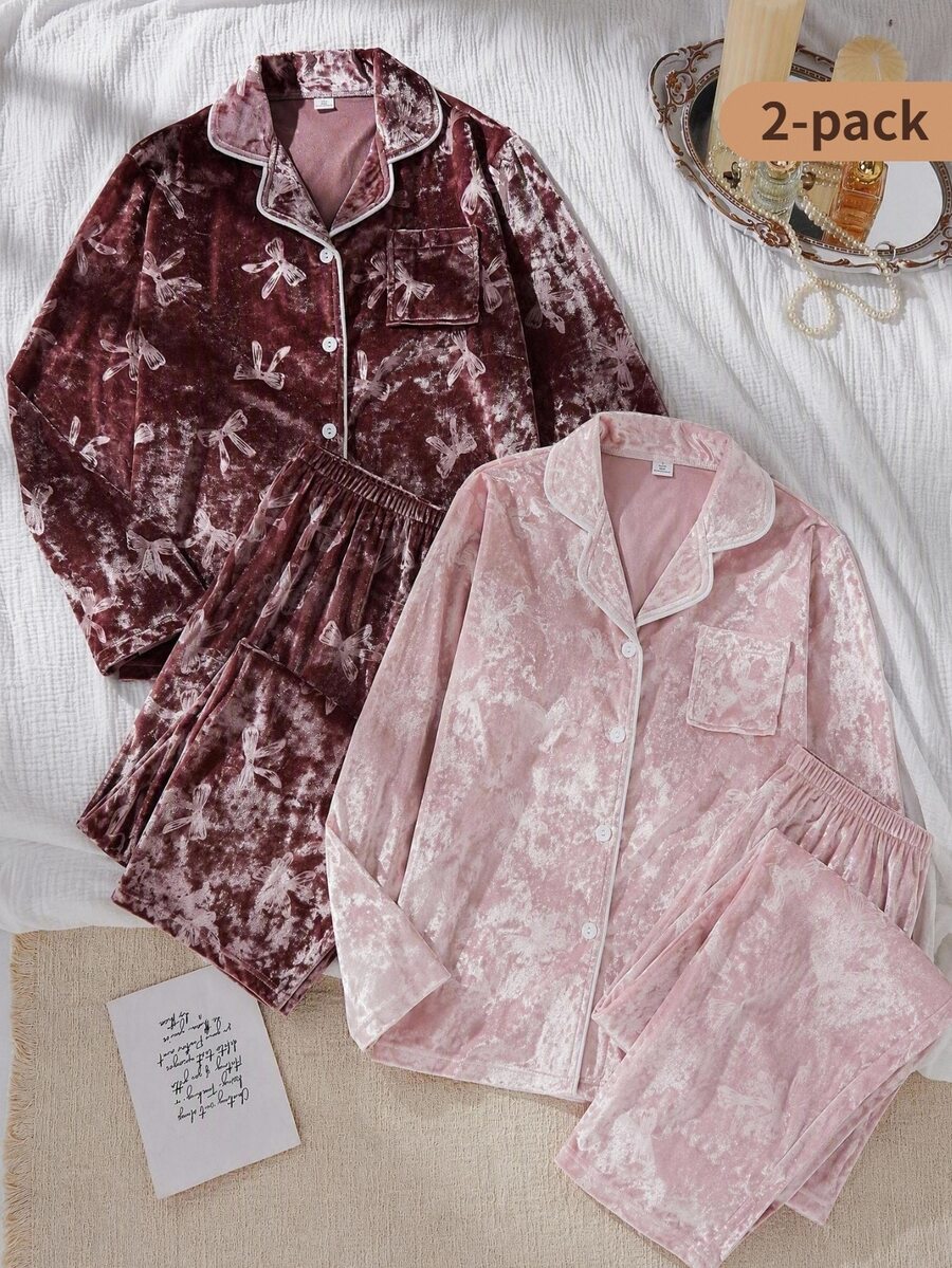 Sweet Style Fuzzy Bowknot Floral Long Sleeve Cardigan & Pants 2 Pieces , Comfortable For Teen Girl Fleece-Lined And Thickened Autumn/Winter - Multicolor - View 1