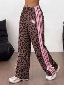 SHEIN 兒童青少年女孩休閒秋冬豹紋長款運動長褲 - 彩色 - 查看 8