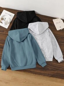 SHEIN 3件組買2送1兒童青少年男孩休閒百搭保暖內裡加厚連帽衛衣，黑色連帽衛衣、藍色連帽衛衣、麻灰色連帽衛衣，百搭上衣，適合秋冬、學校、運動、秋季穿搭、冬季穿搭 - 彩色 - 查看 5