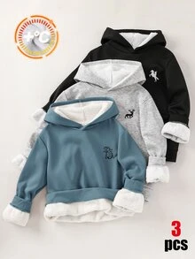 SHEIN 3件組買2送1兒童青少年男孩休閒百搭保暖內裡加厚連帽衛衣，黑色連帽衛衣、藍色連帽衛衣、麻灰色連帽衛衣，百搭上衣，適合秋冬、學校、運動、秋季穿搭、冬季穿搭 - 彩色 - 查看 2